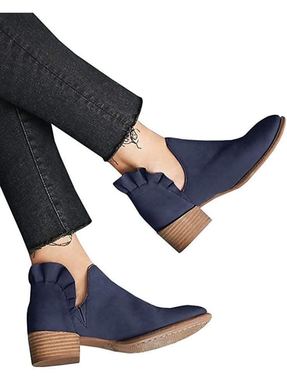 Women's Navy Faux Leather Fall Cutout Low Stacked Ruffle Slip On Ankle Booties - Picture 4 of 5